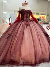 Burgundy Ball Gown Off-Shoulder Long Sleeves with Beaded 3D Flower Lace Appliques for Quinceanera Sweet 16 & Princess Birthday Parties
